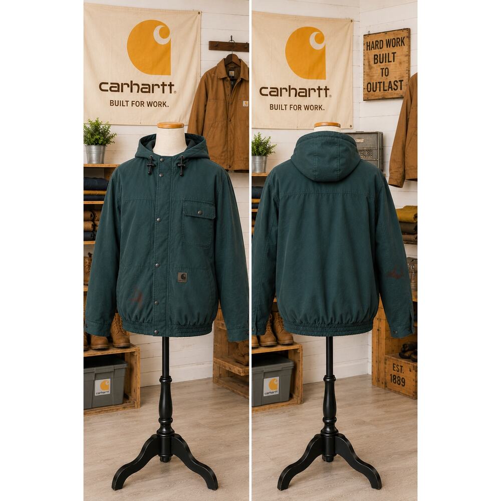 Vintage Carhartt Hooded Work Chore Jacket Green Distressed Workwear Coat XXL - Picture 1 of 11